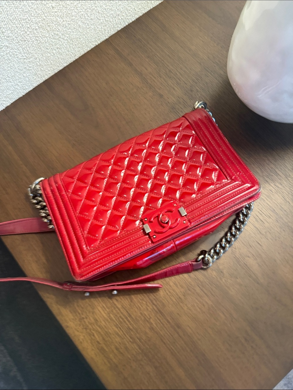 CHANEL Quilted Patent Leather Boy Flap Shoulder Bag in Deep Red - Picture 11 of 17